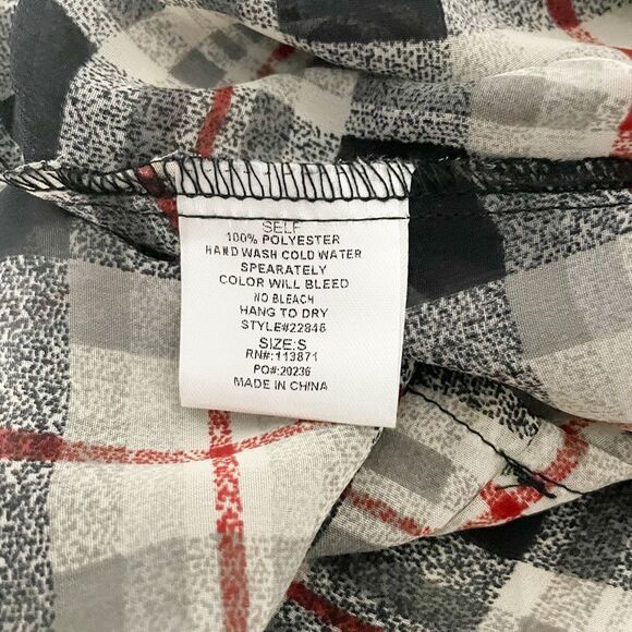 🟢Vintage Havana Plaid Semi Sheer V Neck Blouse Black Tan Red S - Picture 6 of 7